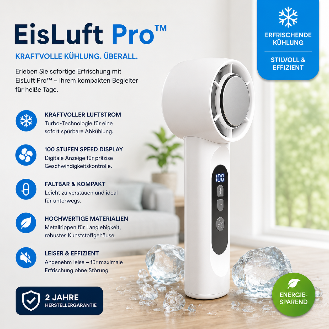 EisLuft Pro™ - Persönlicher Ventilator mit aktiver Sofortkühlung — 199 Stufen, ein Knopfdruck, sofort spürbar kühler.