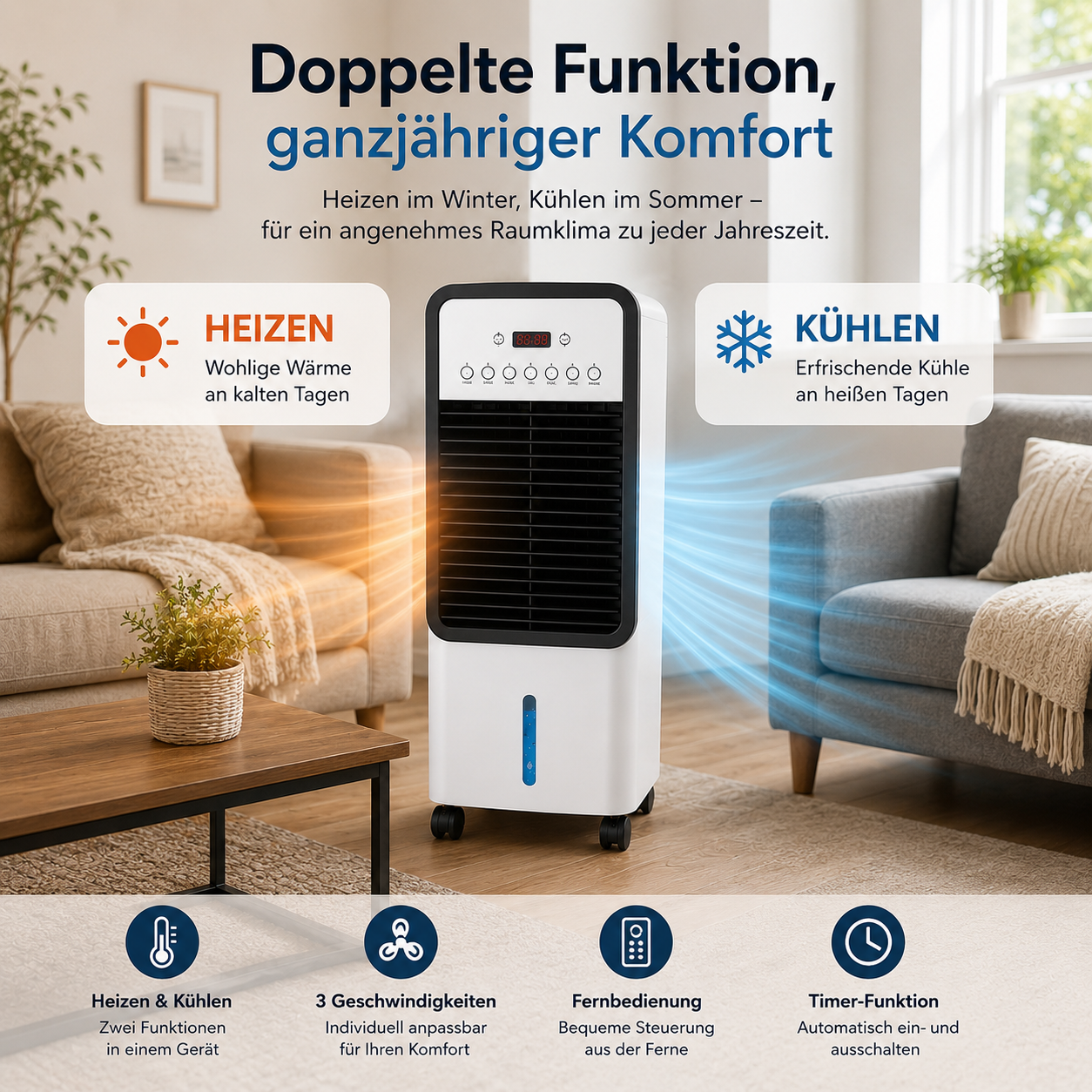 FreiKlima Max - Mobiler Allround-Klimatiseur – Kühlt im Sommer, Heizt im Winter | Ohne Installation