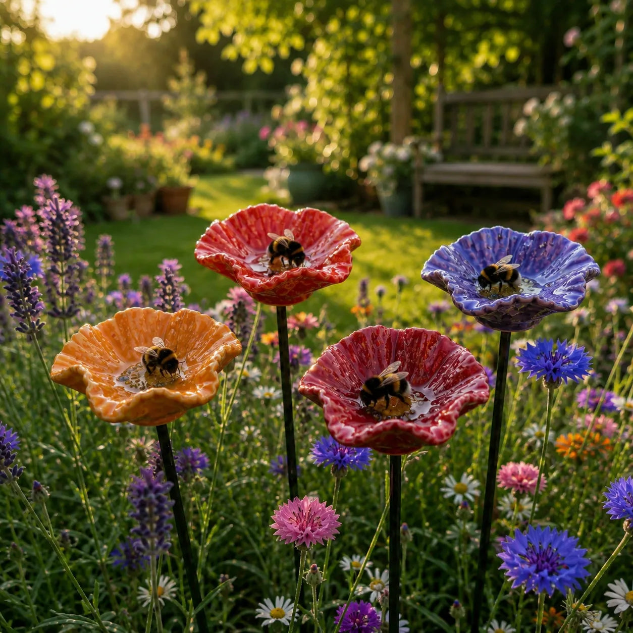 Handgefertigte Hummelblumen – Wetterfeste Keramik-Tränken, 4er-Set
