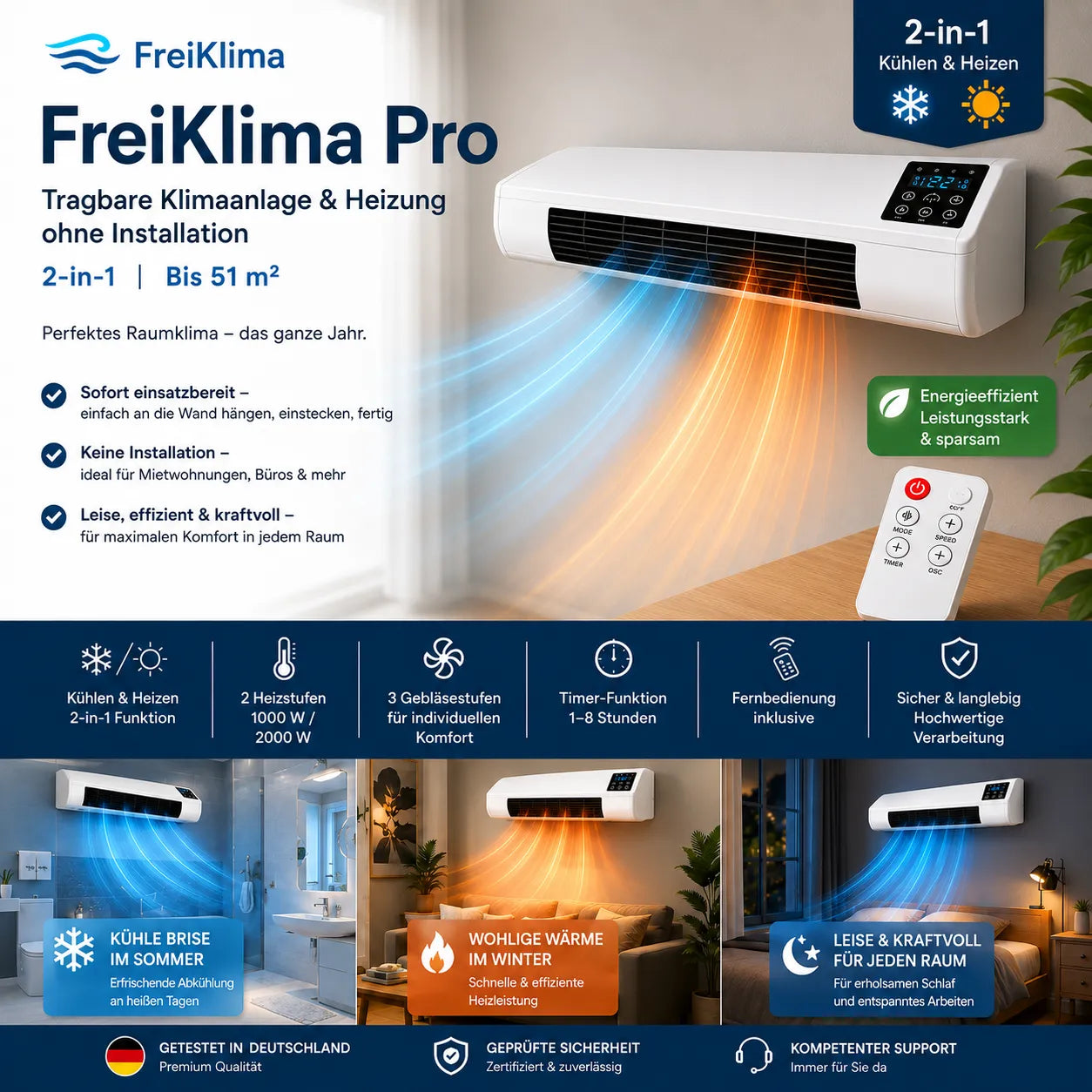 Brezza Pro – Condizionatore Portatile & Riscaldatore senza Installazione | 2-in-1 | Fino a 51 m²