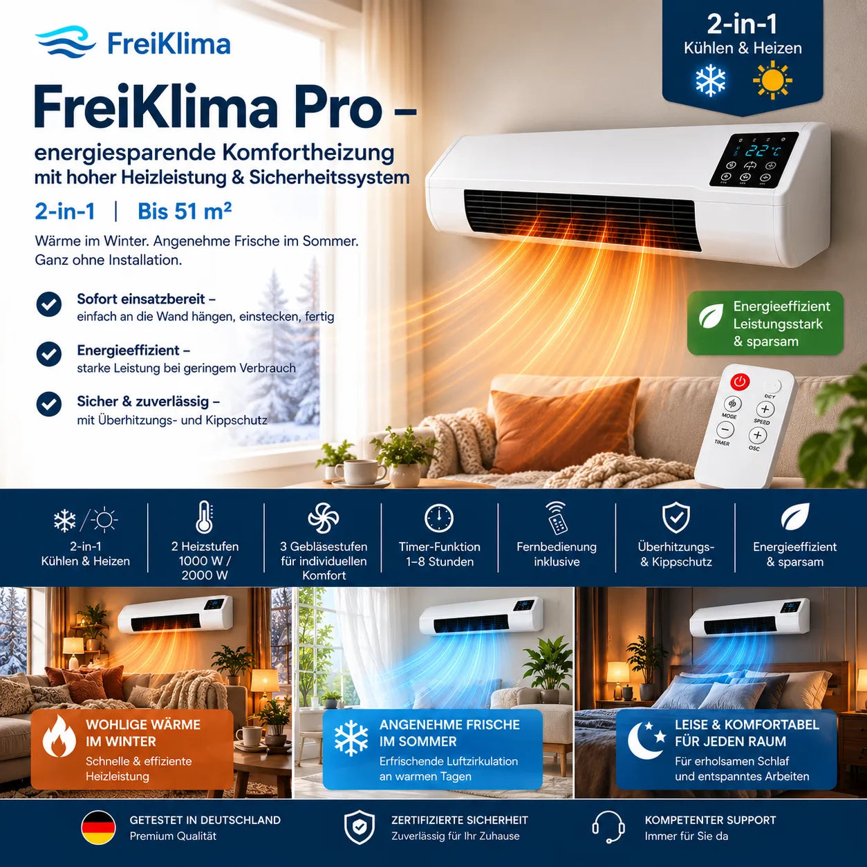 FreiKlima Pro – energiesparende Komfortheizung mit hoher Heizleistung & Sicherheitssystem